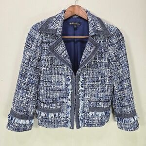 Brooks Brothers Blue Tweed Fringe Jacket Denim Trim Open Front Blazer Womens 4